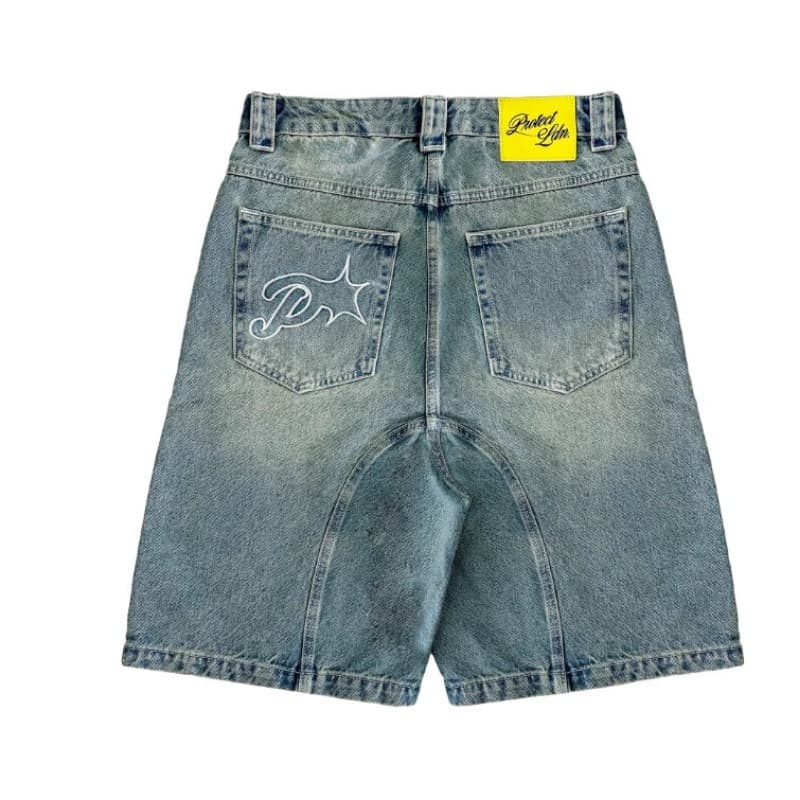 Popular Hot-selling European And American Trendy Brand Embroidered Denim Shorts Men's Street Retro Washed And Old Five-point Pants Loose And Versatile