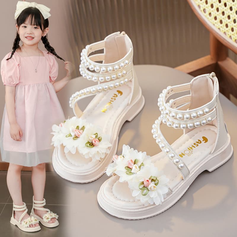 SHLIANG Girls Sandals Summer Princess White Party Sandals Pearls Platform Baby Casual Beach Shoes Non-slip Flats SA128