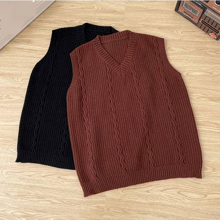 Men's Clothing Autumn/Winter V Neck Pullover Vest Men's V-Neck Sweater Vest – Vintage Cable Knit Sleeveless Pullover For Autumn & Winter​