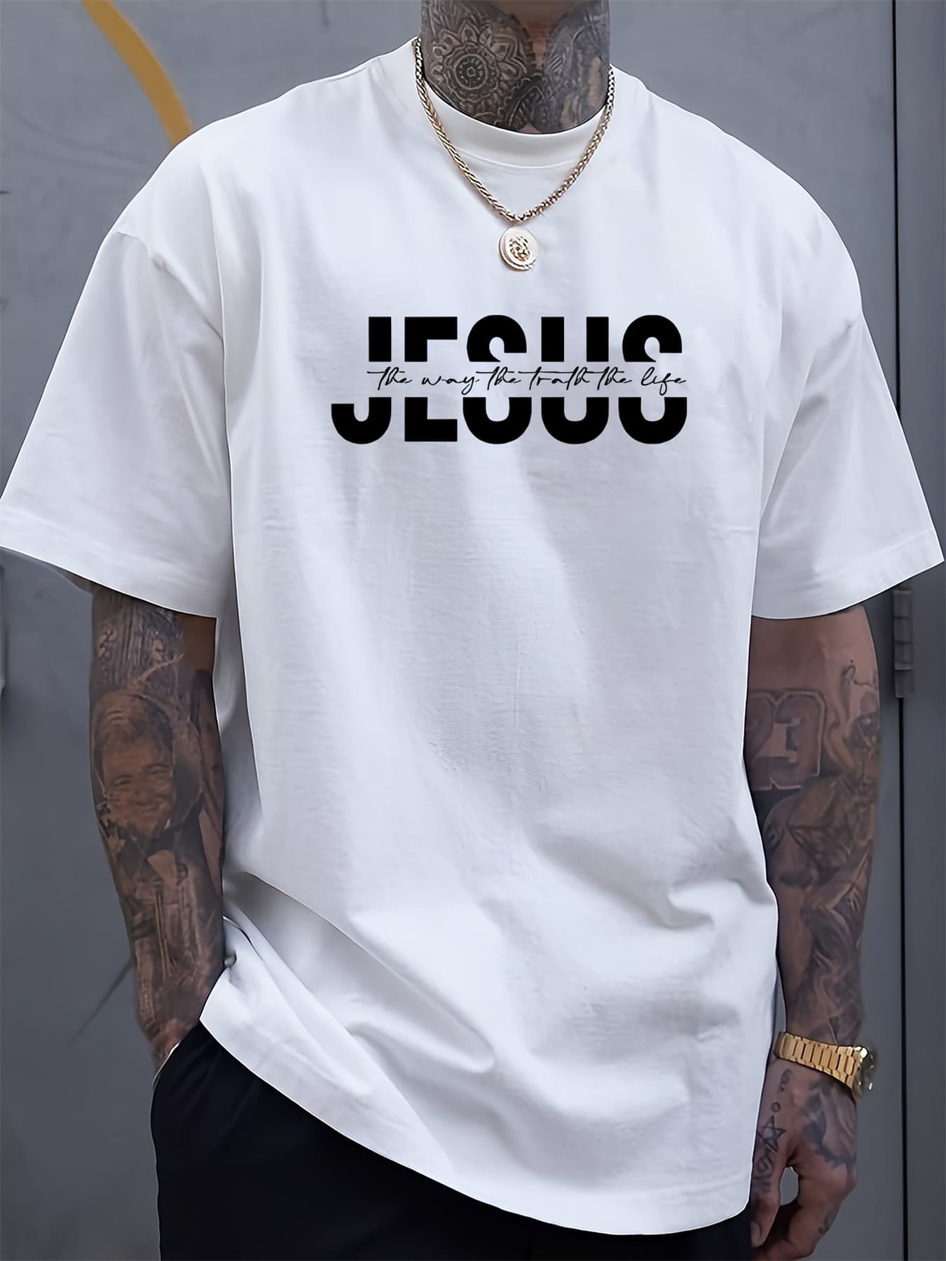 100% Pure Cotton Men's Summer Fashion Short Sleeved Shirt With Jesus Letter Pattern Printed Casual Slim Fit Versatile T-shirt Top