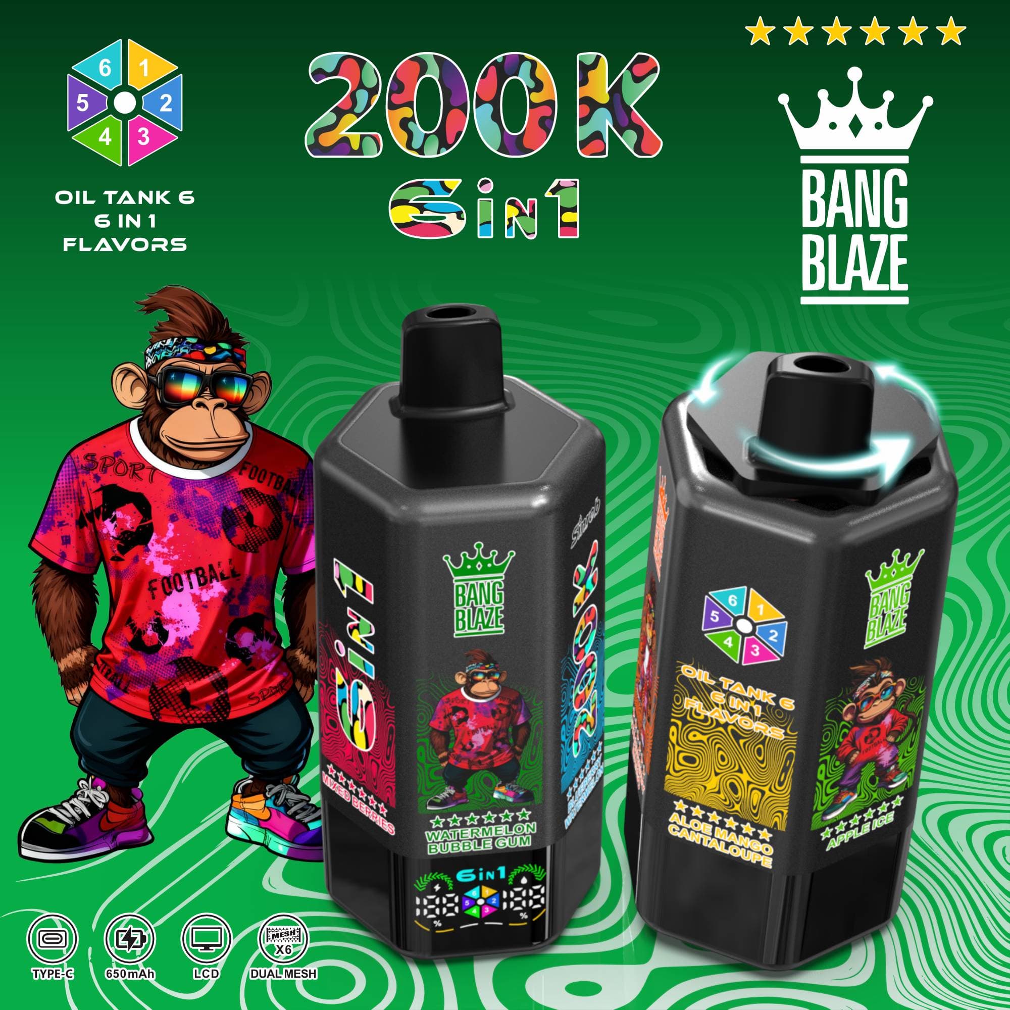 1 pièce Bang 6 saveurs 200K bouffées (200 000 bouffées) Cigarette électronique rechargeable avec 6 réservoirs d'huile et écran LCD Cigarette