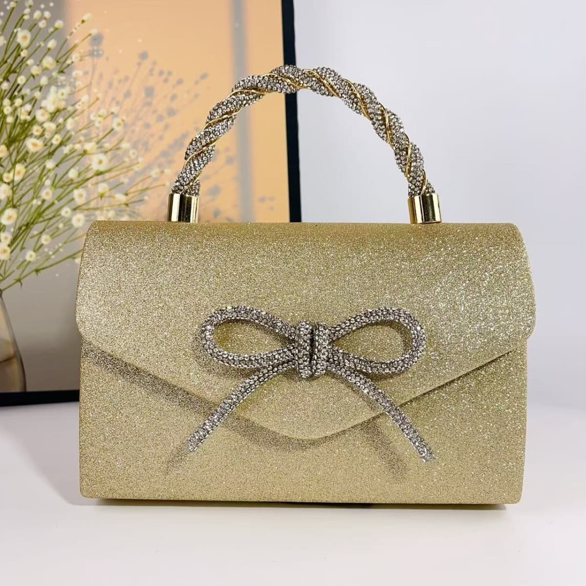 High-end Women's Handbag With Rhinestones And Bowknot, New Fashionable Bag For Banquets