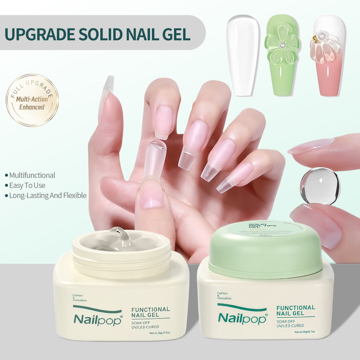 Nailpop Solid Nail Gel Glue For Press On Nails Strong Adhesive Clear Gel Tip Adhesive UV Gel Long-Lasting No Damage 20g (1/3pcs)
