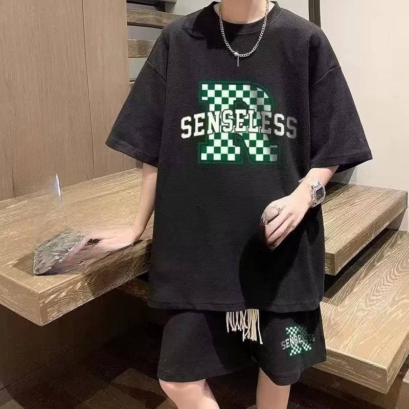 Men's Waffle Suit Short-Sleeved Shorts Two-Piece Suit Casual Sports Loose T-Shirt