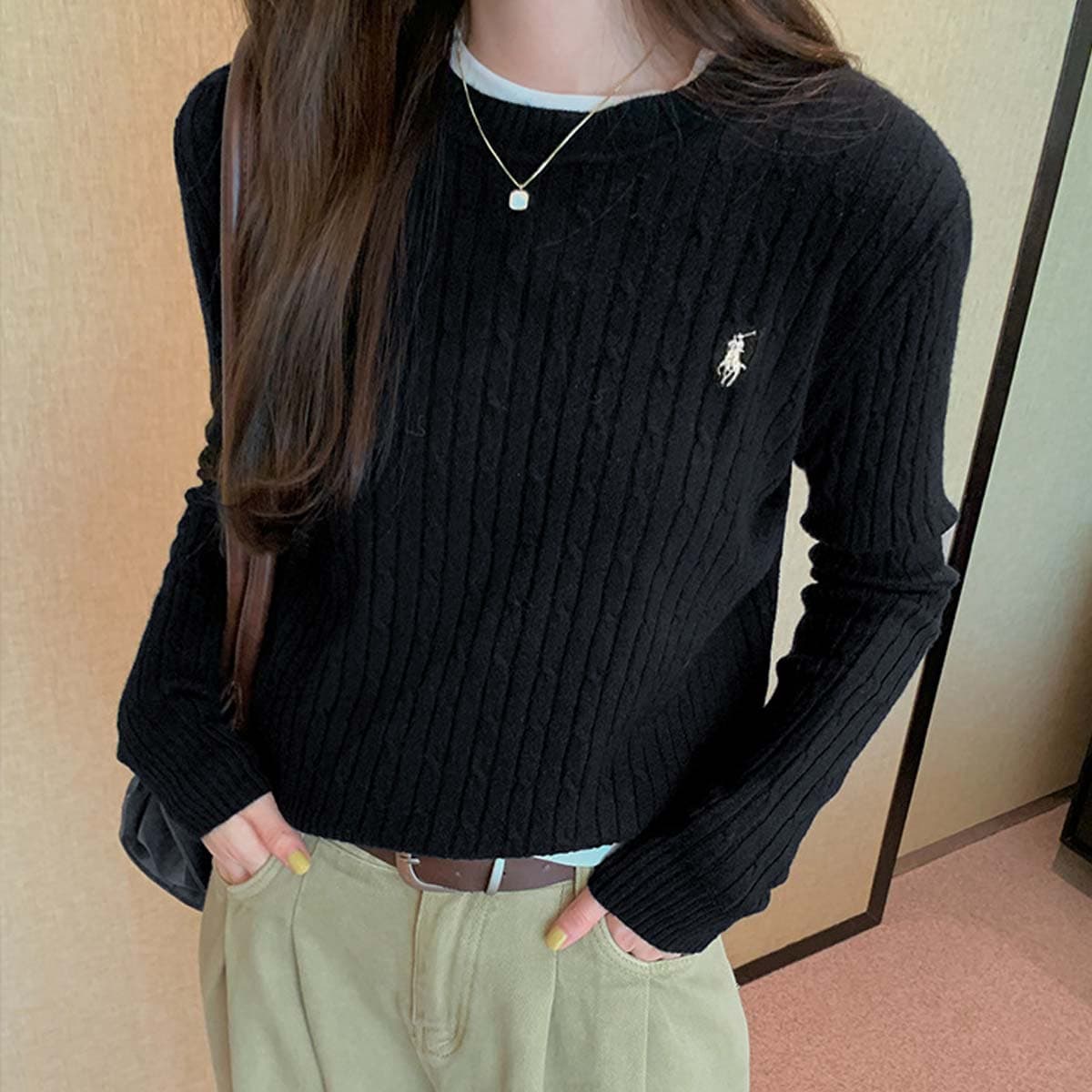 Pull brodé de golf torsadé pour femme, pull à manches longues et col rond
