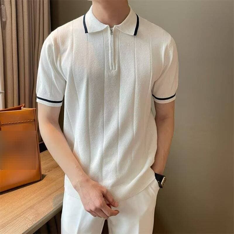 Summer Men's Clothing Short Sleeve Shirt Knit Collared Striped Business Casual Half Zip Open Chest T-Shirt