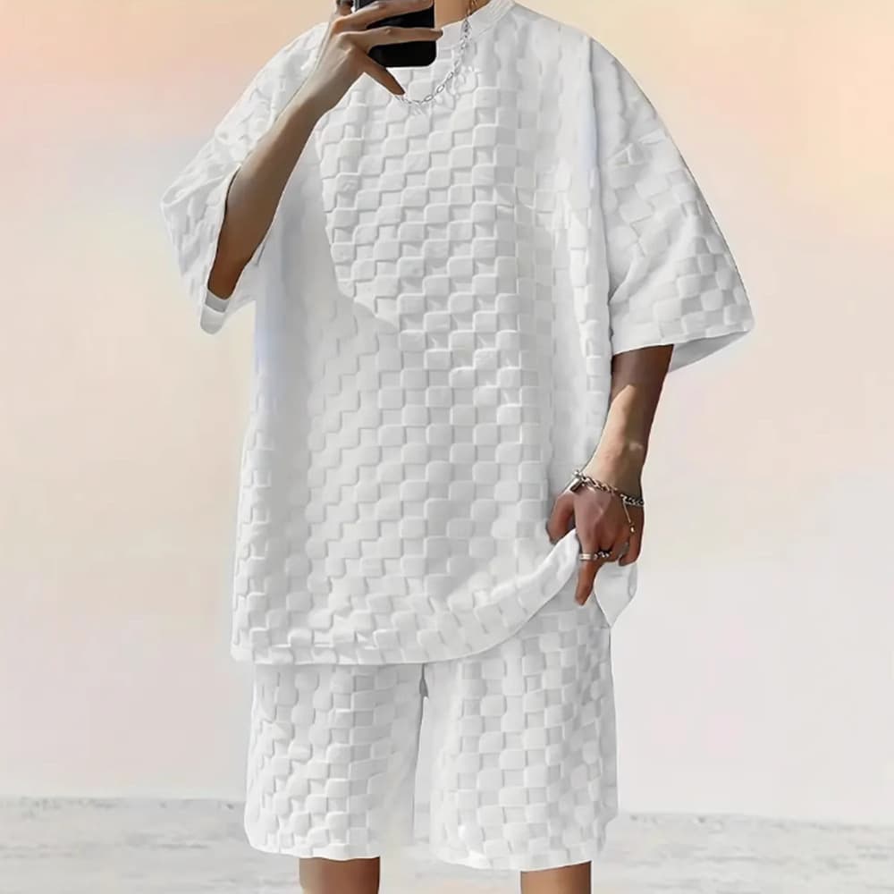 Men's Clothing Jacquard Plaid Short Sleeved T Shirt Loose Straight Casual Shorts Suit