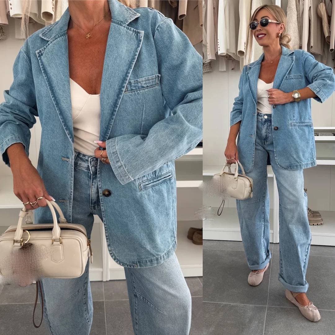 Women's Clothing Fashion Casual Loose Washed Blue Denim Women's Suit Jacket