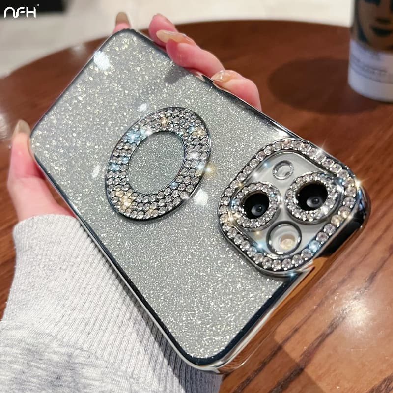 Pro Max Glitter Rhinestone Square Plating Frame For iPhone 11 12 13 14 15 Plus Flash Sier Diamond Cover