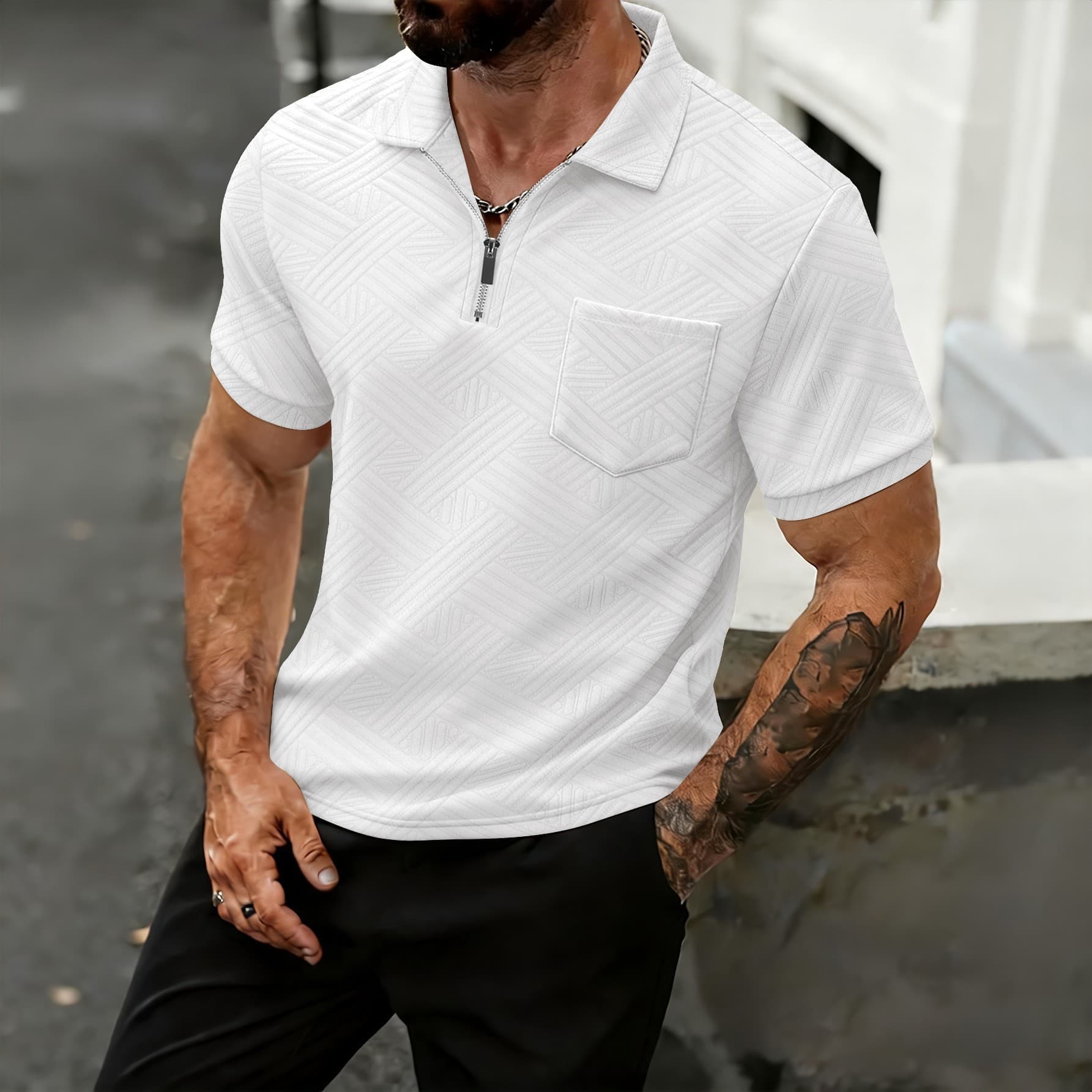 Men's Zippered Polo Shirt With Jacquard Detailing – Breathable Polyester Casual T-Shirt With Chest Pocket | Relaxed Fit Short-Sleeve Top