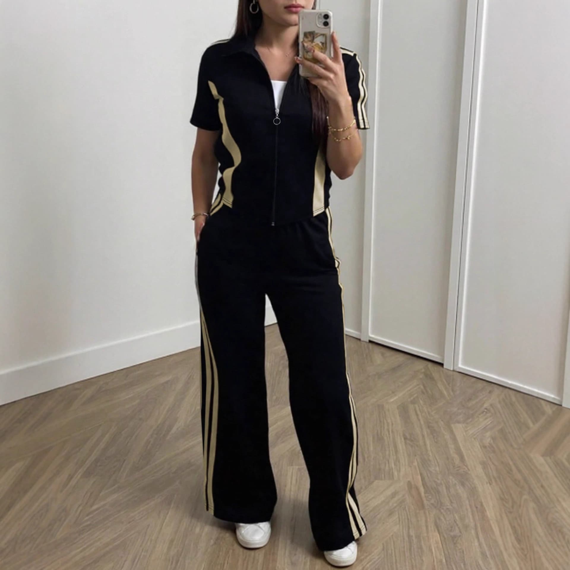 Women's Commuter Casual Two Piece Set Zippered Short Sleeve Top Elastic Waist Straight Leg Pants With Pocket