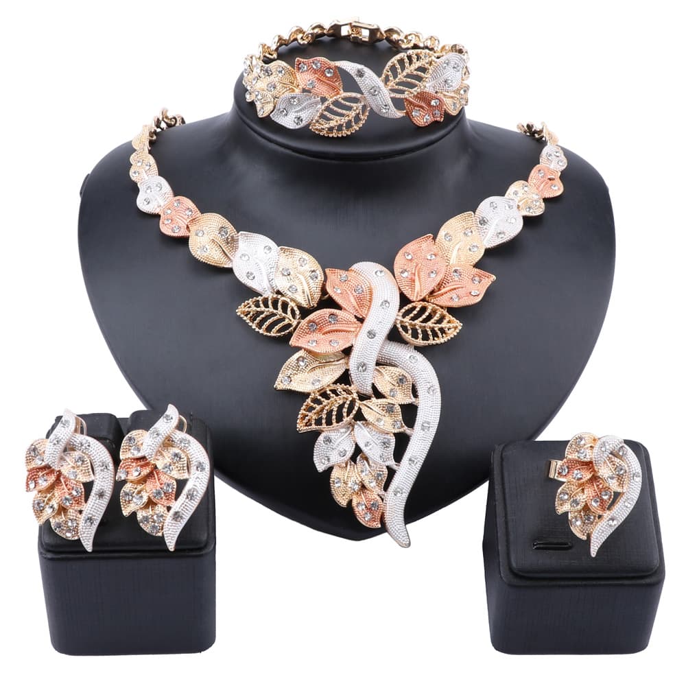 African Dubai Gold Jewelry Nigerian Crystal Necklace Earrings Ring Women Italian Bridal Accessories Jewelry Sets