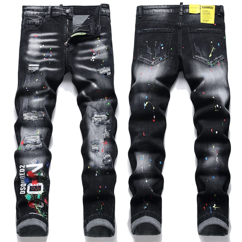 Jean D2 2025 Second Order ROUGE Slim Fit Coton Stretch Noir Four Seasons Ink Splash DSQ Artisanat