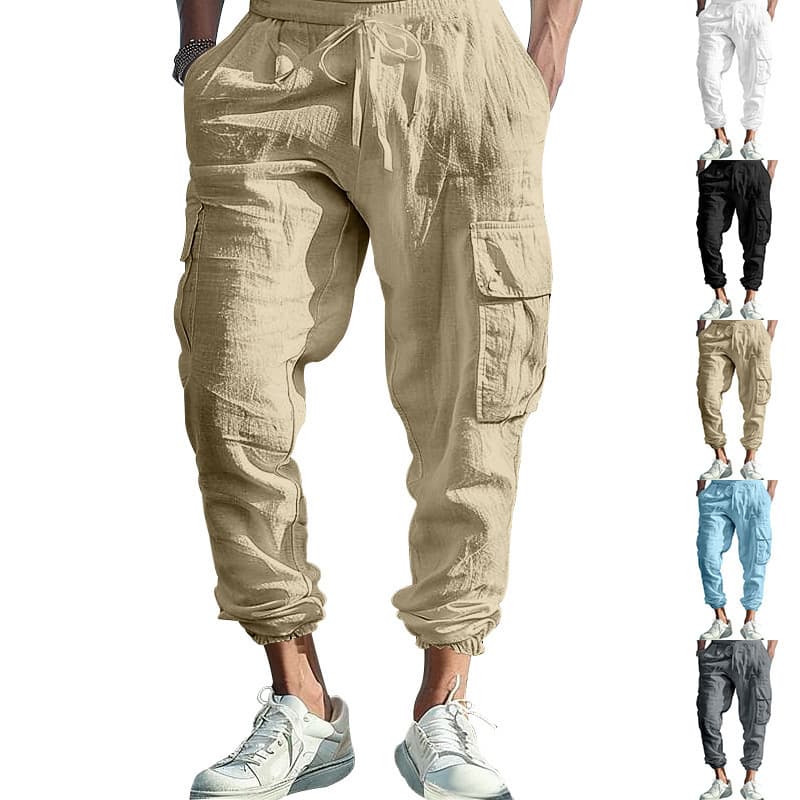 Men's Clothing Autumn Cotton And Linen Men's Casual Trousers With Cuffs And Multiple Pockets And Drawstrings Solid Color Loose Overalls For Men
