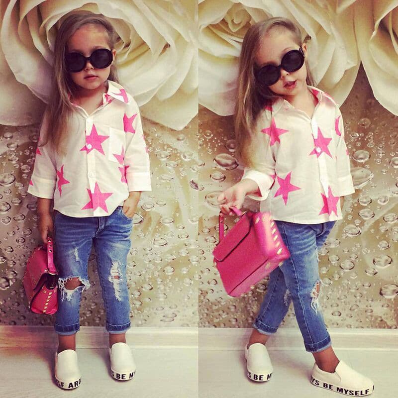 Mother&Kids Five-pointed long sleeve shirt + denim pants for girls