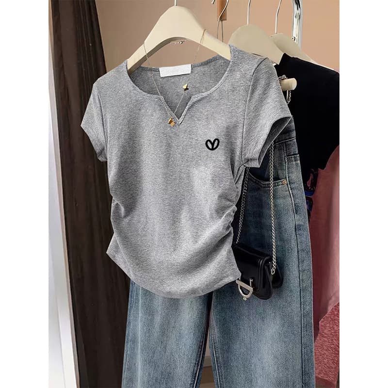 ​Women's V-Neck Cotton T-Shirt – Slim Fit With Side Heart Detail (S-XL, 4 Colors)​