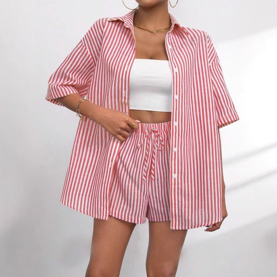 Women's Clothing Lapel Casual Striped Short Sleeved Pants Two Piece Set