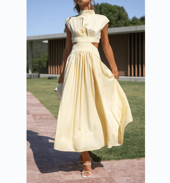 Sweet and Fashionable Street Summer Style Standing Collar Macaron Off waist Long Dress