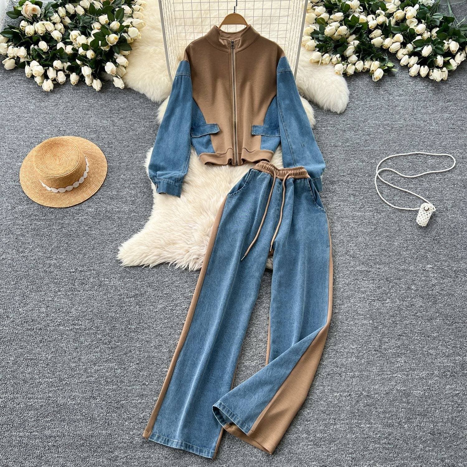 Women's Clothing Casual Contrast Color Stitching Stand Collar Zipper Two Piece Top High Waist Denim Wide Leg Pants