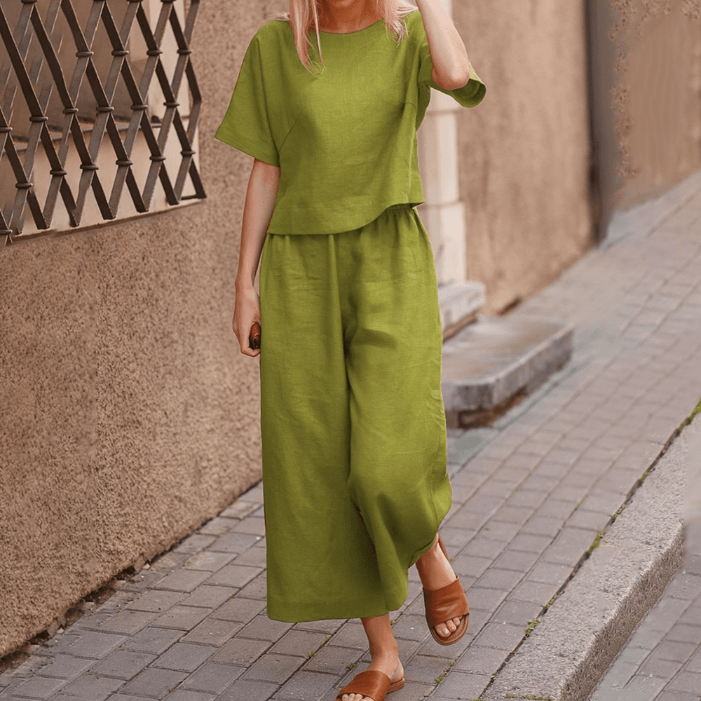Women's Spring And Summer Solid Color Short Sleeve Cotton And Linen Comfortable Breathable Temperament Commuter Two-piece Set