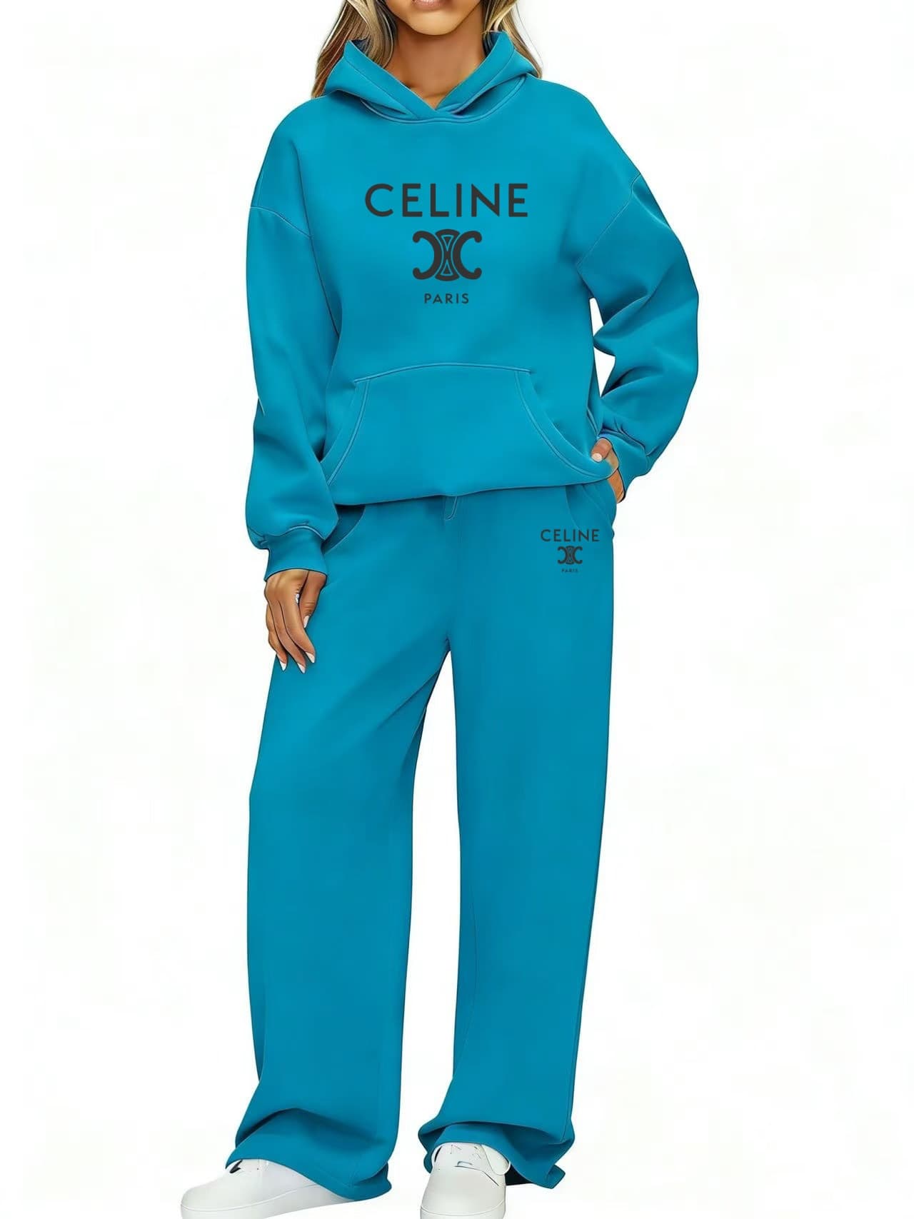 Ensemble de survêtement femme à capuche et pantalon de jogging, tenue décontractée, manches longues, style streetwear.