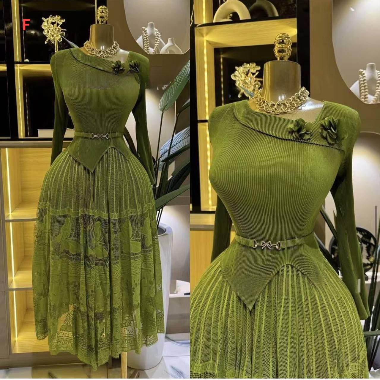 Elegant Floral Mesh Layered Dress – Slimming V-Neck Chiffon Maxi Dress With Ruffle Hem (One Size, Tea Green/Khaki/Navy/Pink)