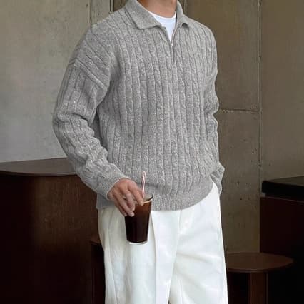 Men's Korean Style Half-Zip Knit Sweater, Slim Fit Pullover With Ribbed Hem, Breathable & Comfortable For Autumn Winter Casual Wear