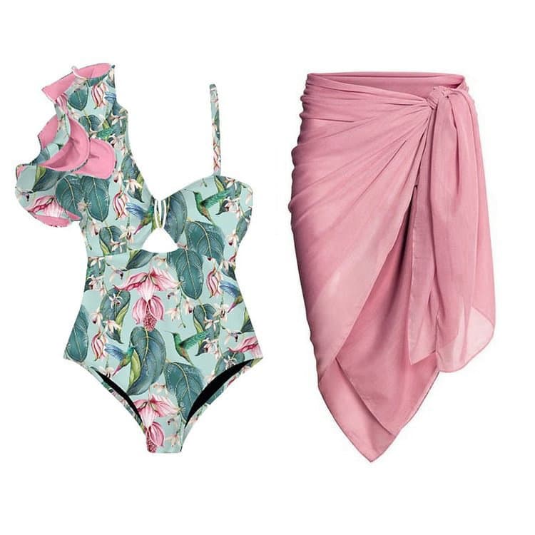 Women's One Shoulder Ruffle Print One Piece Swimsuit Stylish Flirty Beachwear Clothing Set
