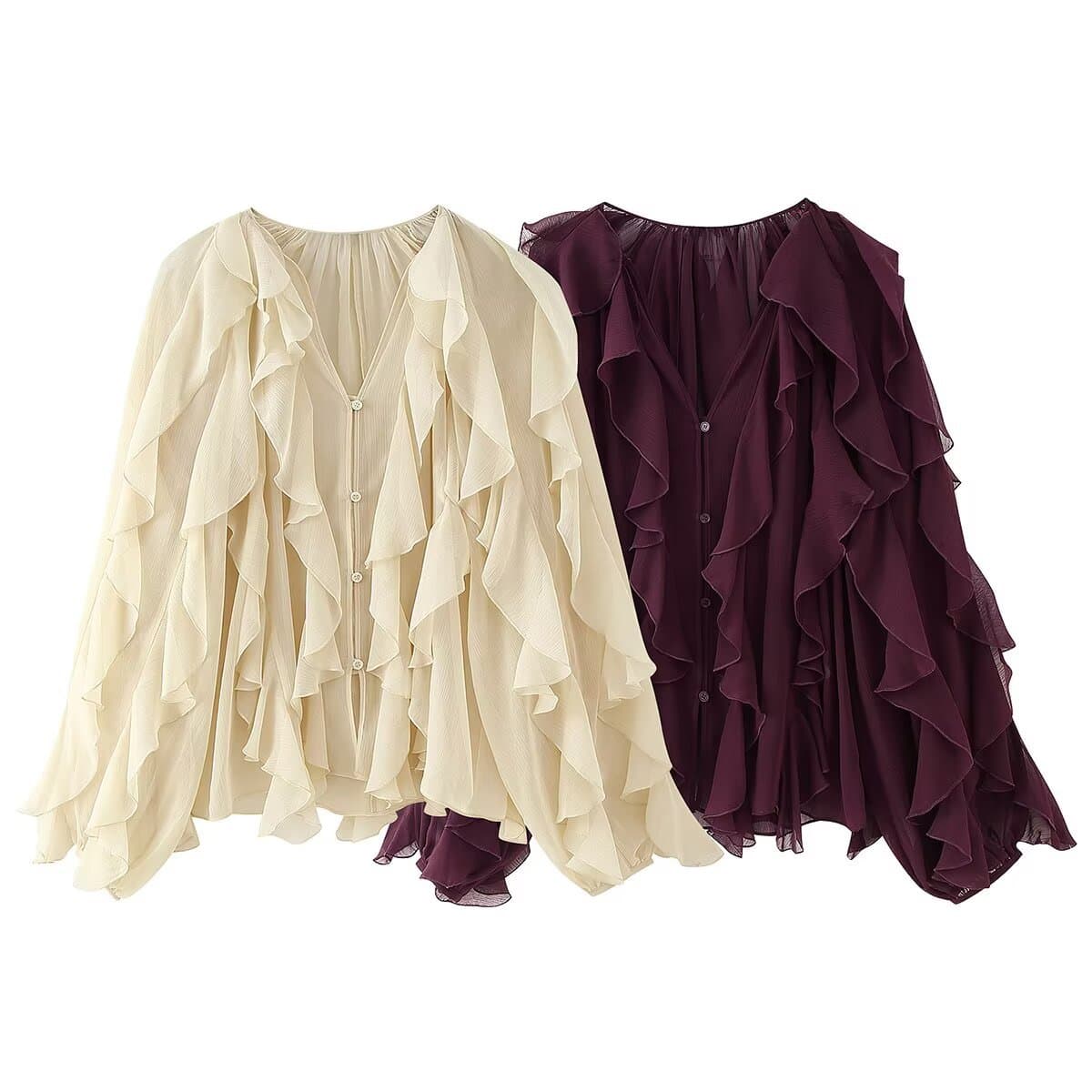 Women's Clothing Elegant V-Neck Layered Ruffle Blouse With Pleated Hem - Trendy Summer Women's Top In 10 Colors (XS/S/M/L)
