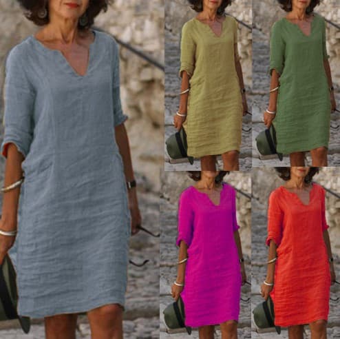 Women's autumn cotton and linen small V-neck stitching retro solid color three-quarter sleeve dress for women