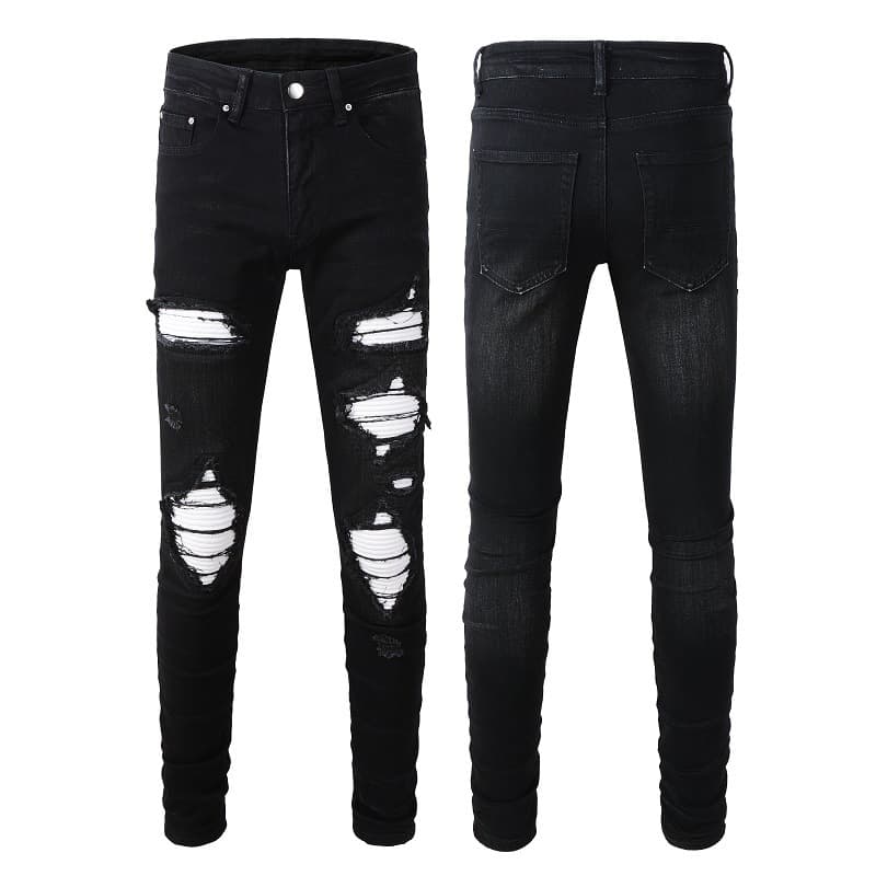 Men's Clothing Foreign Trade Men's Jeans Trendy Brand Men's Clothing Ripped Flannel Patch Men's Slim Stretch Youth Men's Pants 1347