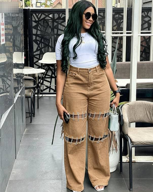 Women's High-Waisted Distressed Jeans With Chain & Patchwork Details – Edgy Straight-Leg Denim Pants, Green & Beige