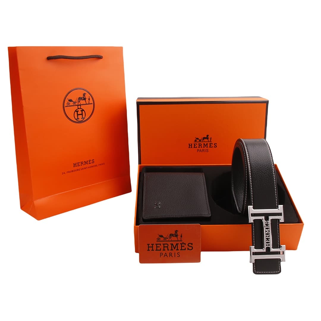 Ensemble portefeuille et ceinture pour homme en cuir noir avec boucle en H