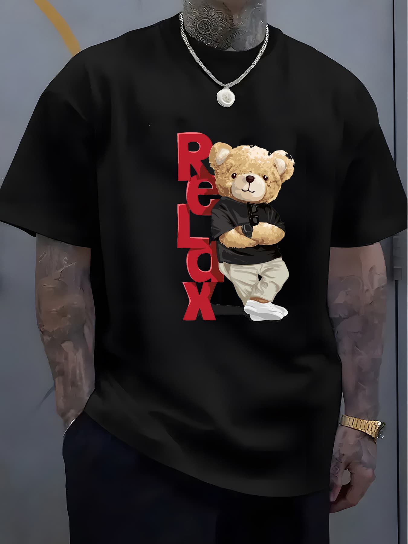 100% Pure Cotton Men's Summer Fashion Short Sleeved Cartoon Bear Printed Casual Slim Fit Versatile T-shirt Top