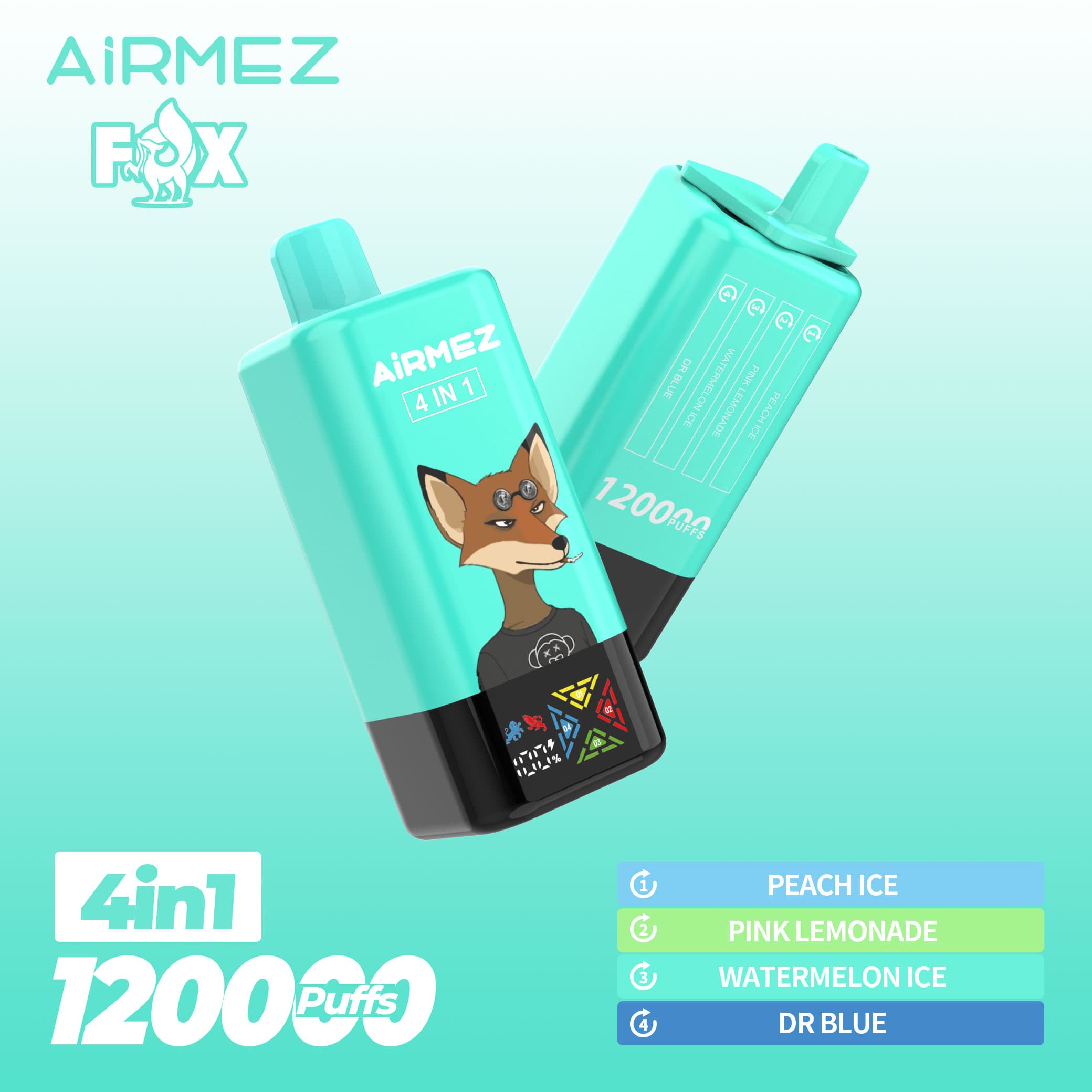 Airmez Fox 120K bouffées, 4 saveurs en 1, nouvelle cigarette électronique rechargeable originale avec écran LCD, jetable, entrepôt UE