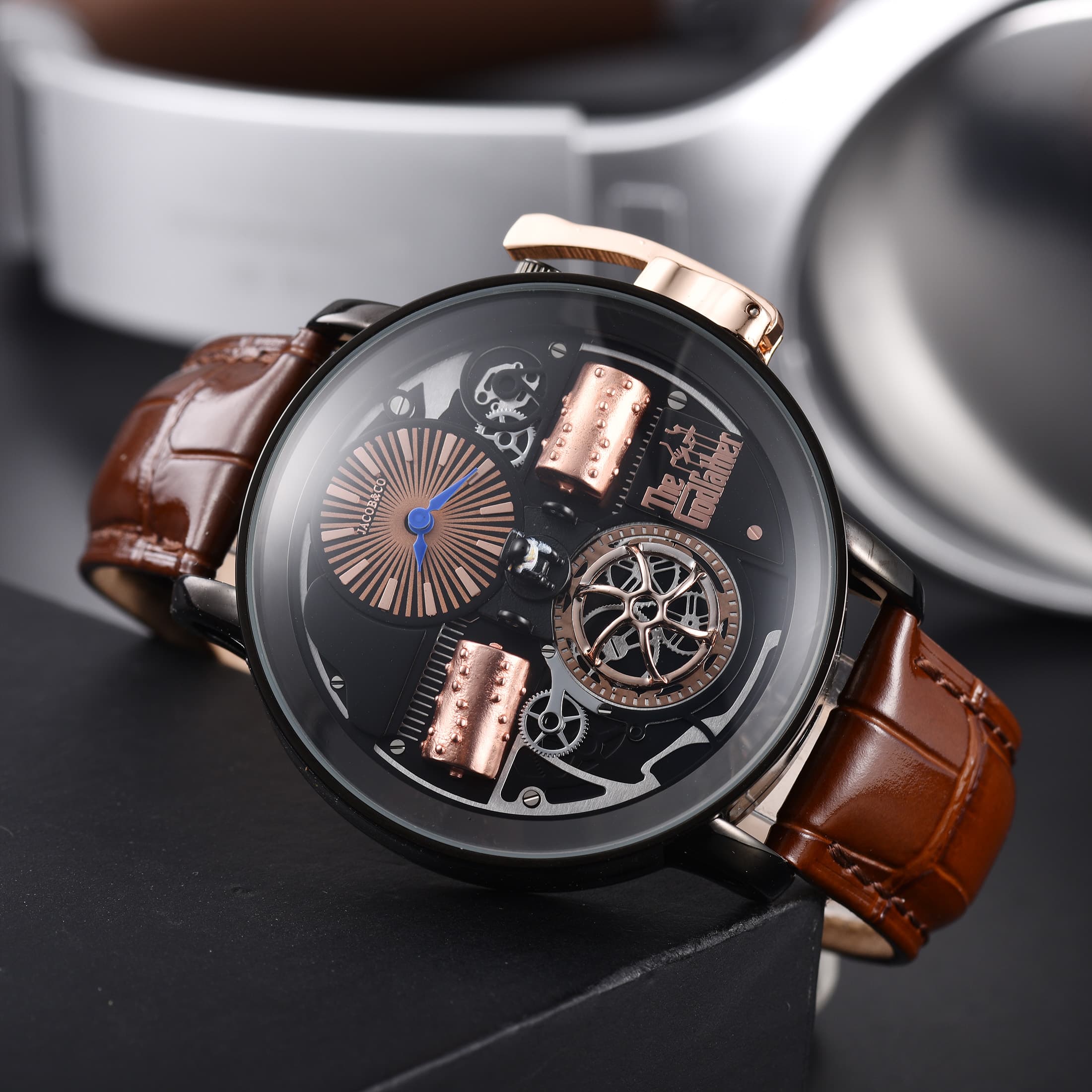 Montre homme Le Parrain de l'Opéra, édition limitée, cadran squelette, quartz, boîtier en or rose et acier, bracelet crocodile, pièce de collect