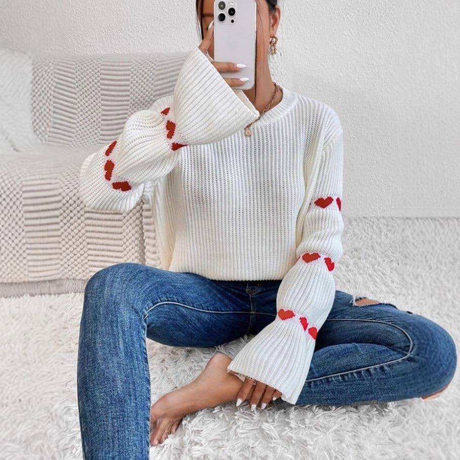 Cozy Striped Knit Sweater With Heart Elbow Detail – Oversized Round Neck Pullover For Women, Soft Acrylic Long Sleeve Top