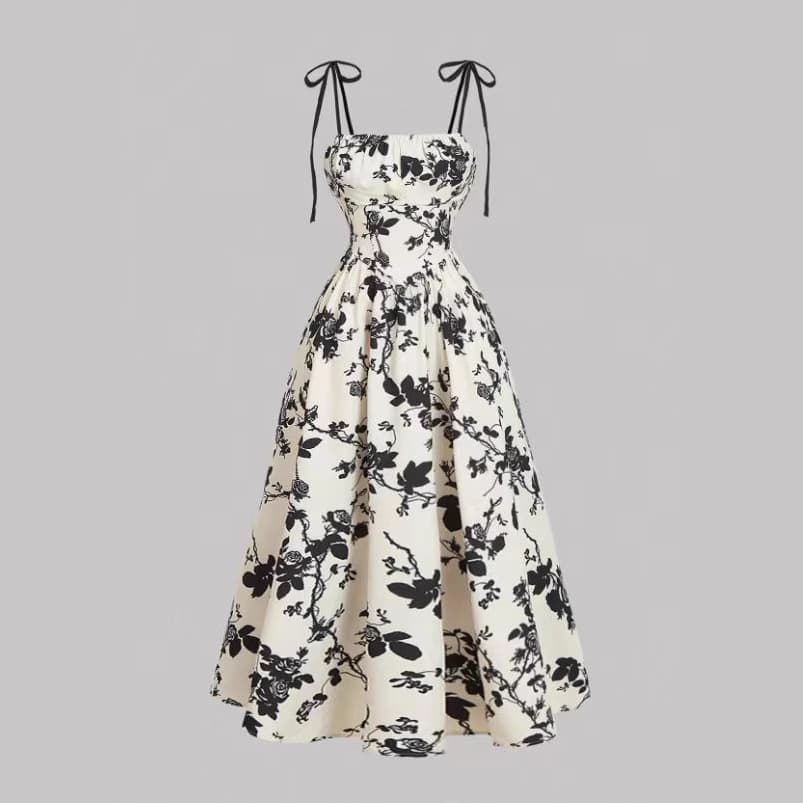 2026 European American French Retro Floral Print Elegant And Sophisticated Waist-Cinching Strap Dress For Women