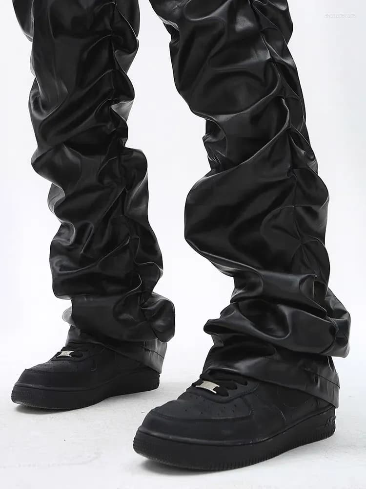 Pantalon slim punk K Sle plissé en cuir PU pour homme et jeune, coupe droite tendance et amincissante.