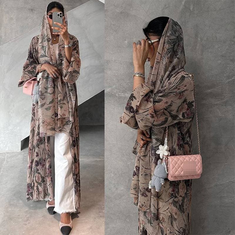 Elegant Middle Eastern Abaya Dress With Long Sleeves, Floral Print, And Pleated Open Front – Modest Loose Fit For Women (S-XXL)
