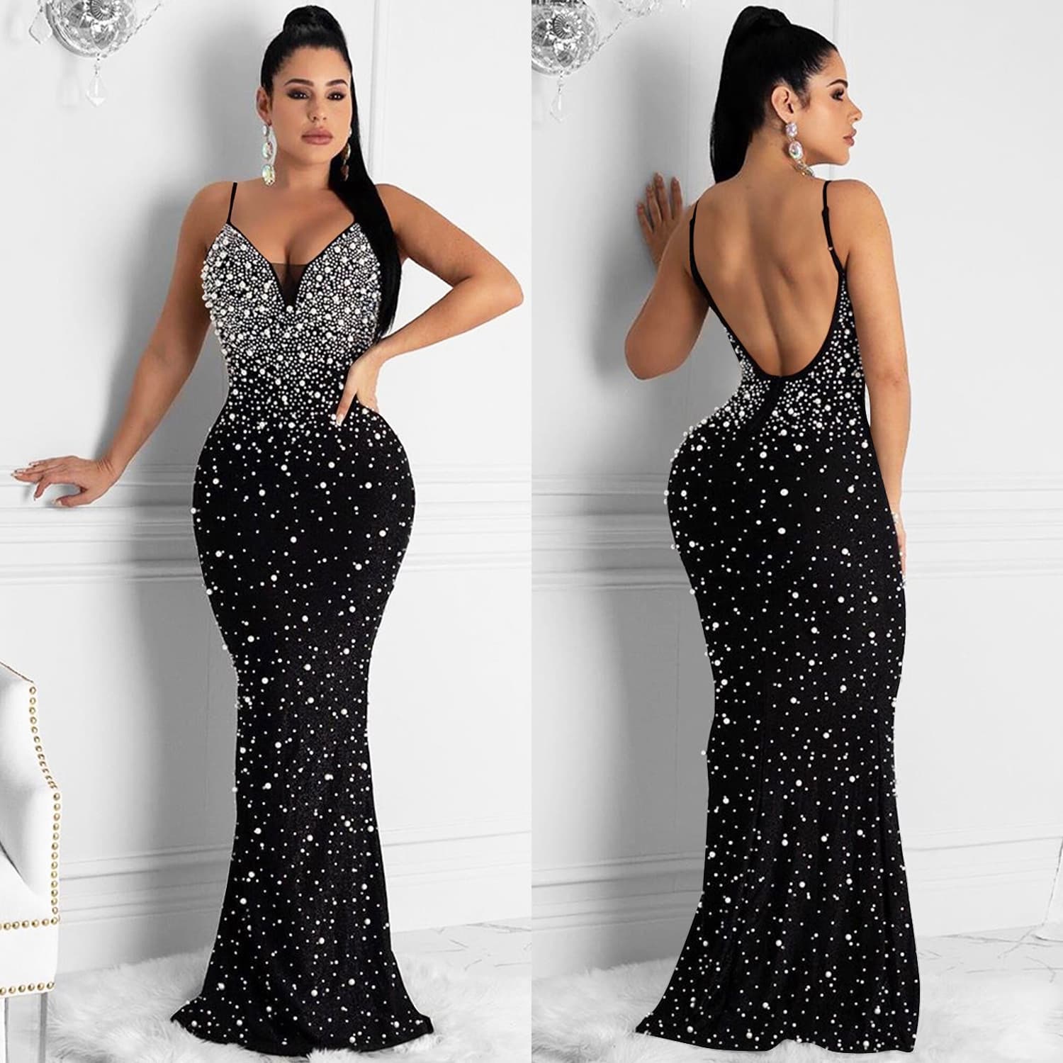 Women's diamond nightclub sexy suspender sleeveless dress New Year evening dress