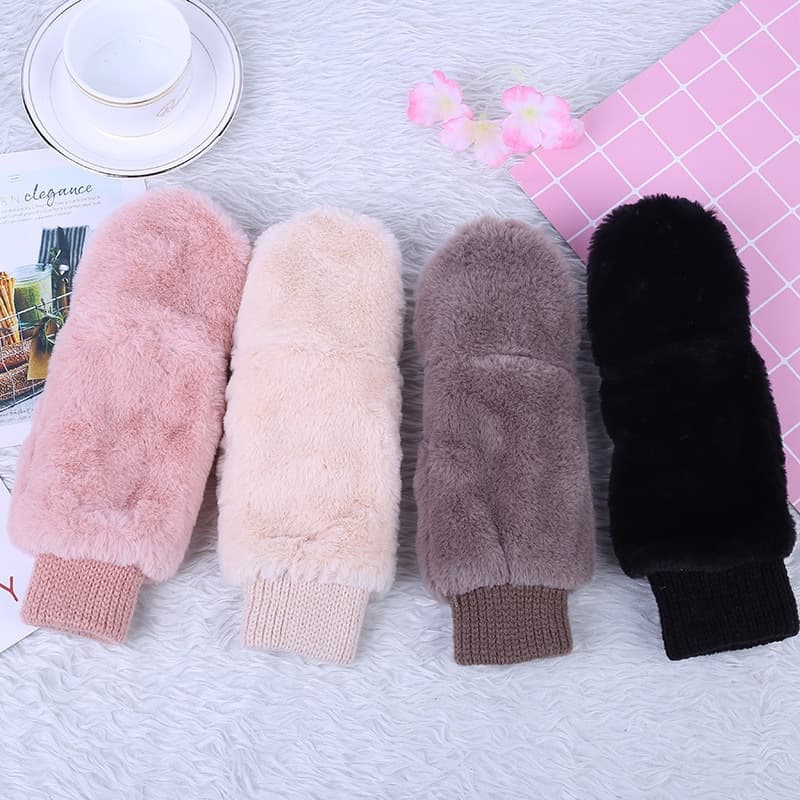Half finger for women's winter season Korean version cute thick flip up warm plush gloves