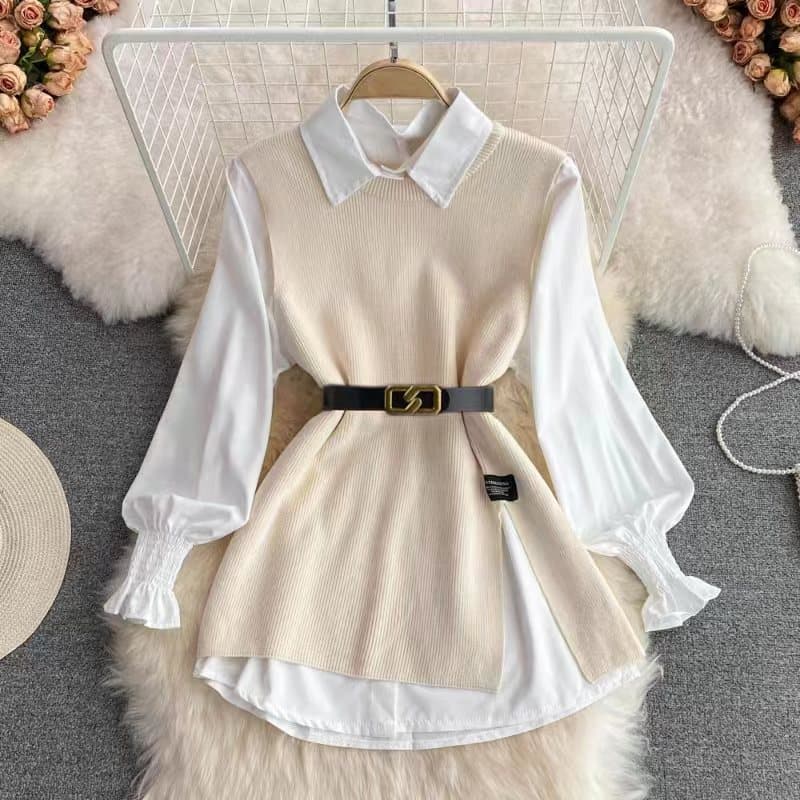 Long-sleeved Suit White Shirt Sweater Vest Age-reducing Loose Knitted Vest Shirt Two-piece Suit For Women