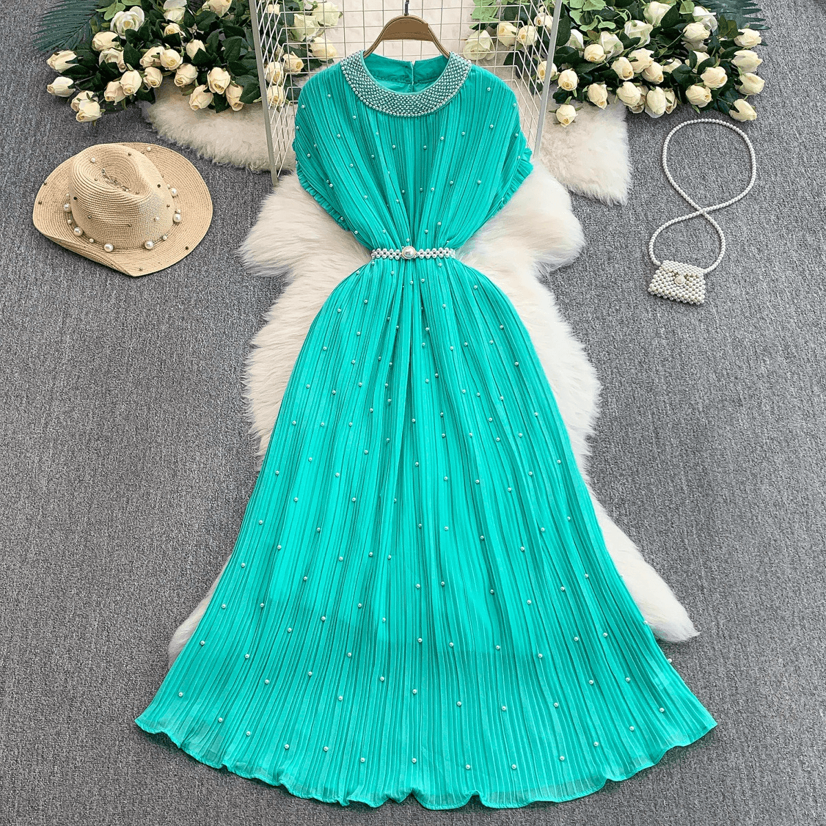 Women's Clothing Light Luxury Celebrity Heavy Beaded Round Neck Dress Female Summer Waist Slimming Pleated Elegant Dress Long Skirt