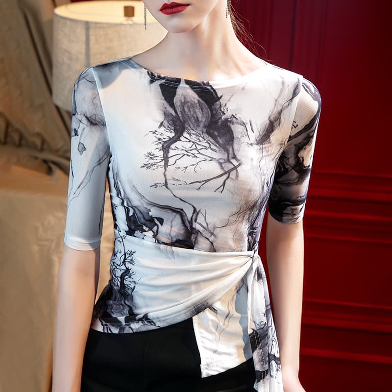 Women's clothing summer new style mesh printed top irregular stylish strap waist beautiful small shirt