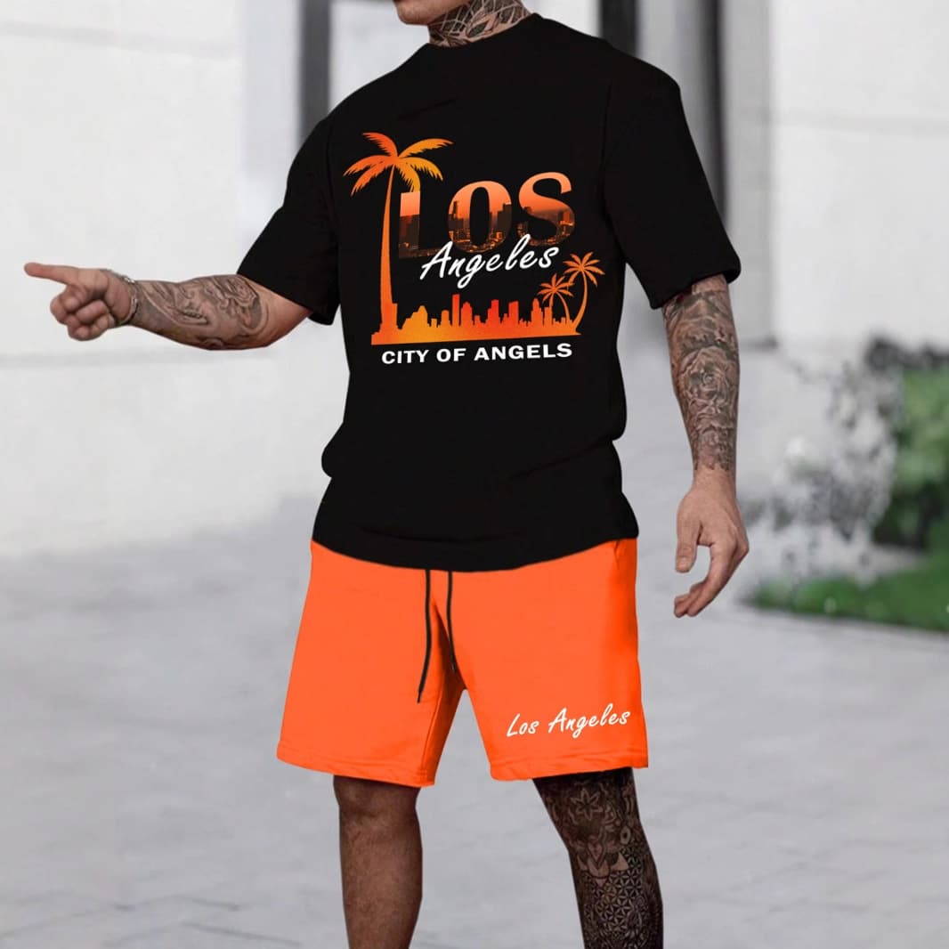 Men's Summer Los Angeles Coconut Tree Sunset Print Casual Trend T-Shirt Short Sleeve Shorts Set