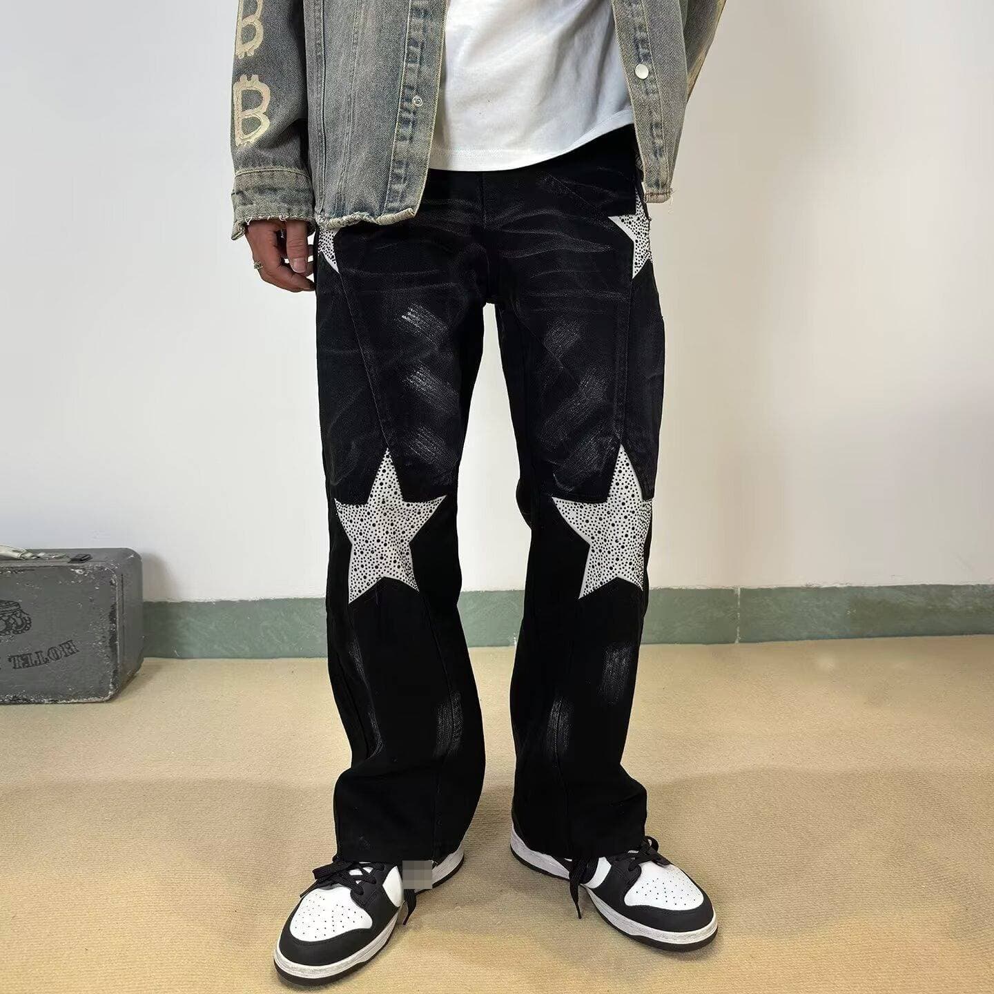 Men's Streetwear Straight-Leg Jeans - American High Fashion Denim Pants With Star Embellishment