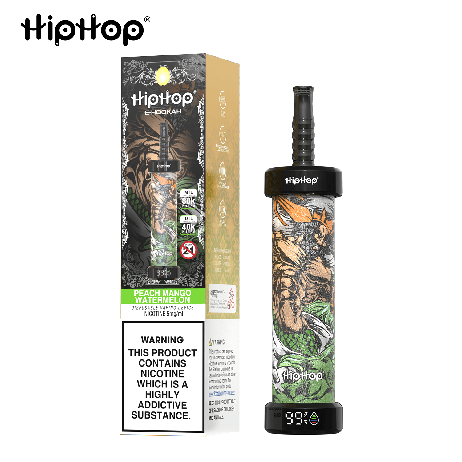 Cigarette électronique jetable HipHop rechargeable, jusqu'à 80 000 bouffées