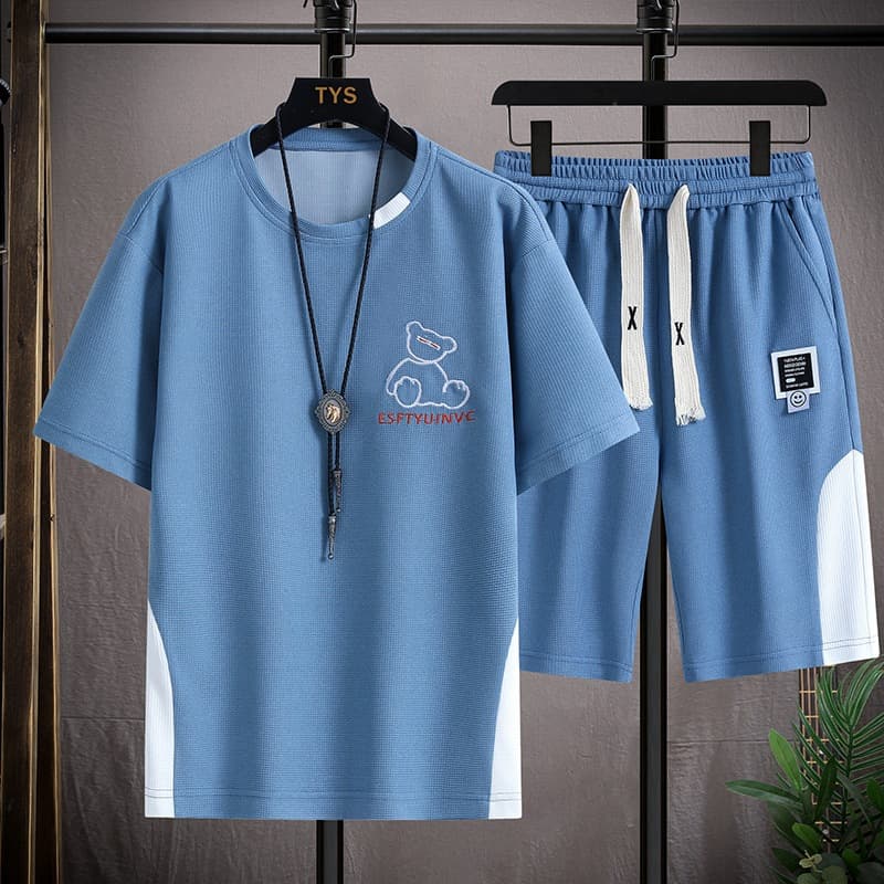 Men's summer suit waffle handsome men's short-sleeved shorts with a set of fashionable casual sports clothes