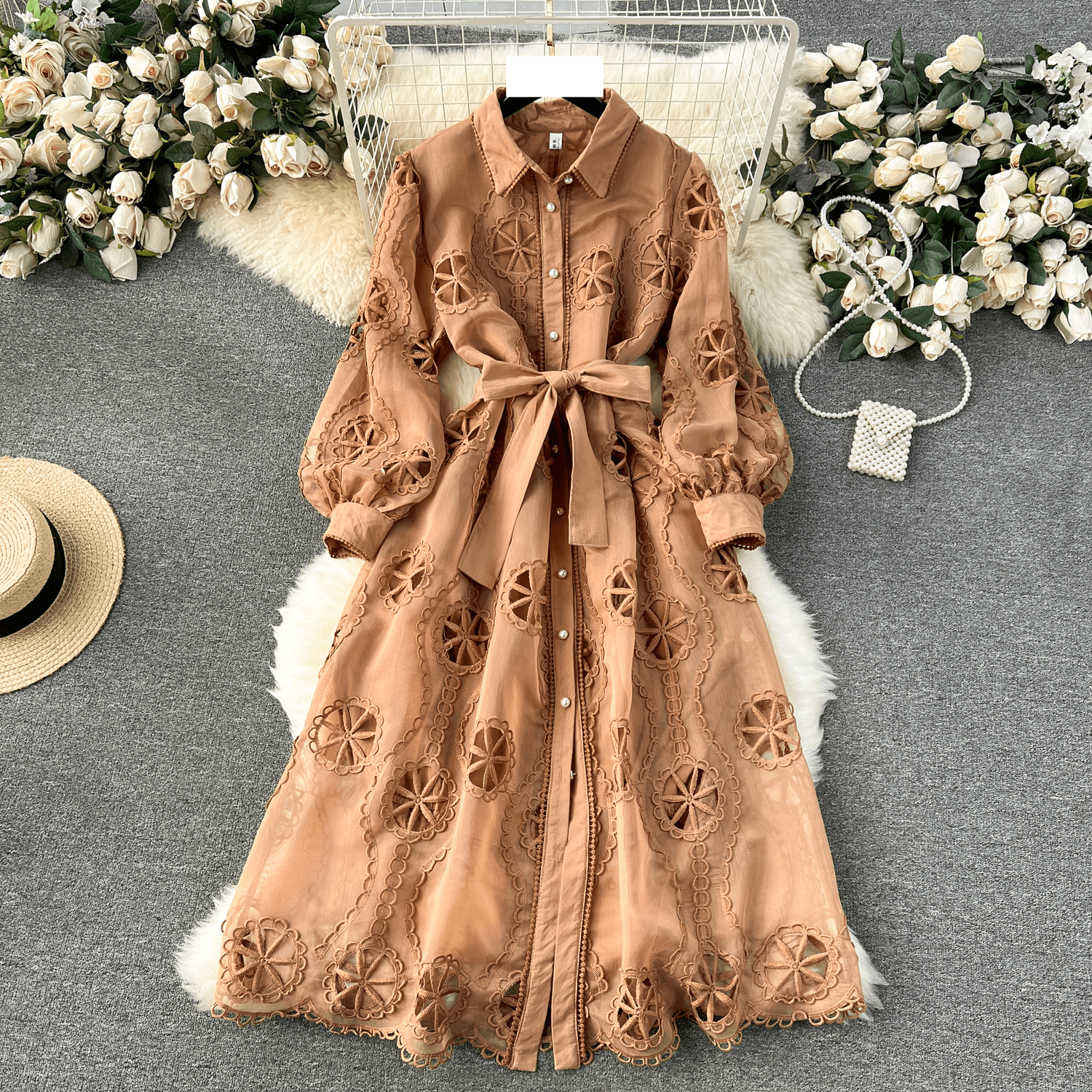 Women's fashion hollow flower breasted slim-fit mid-length version puffy sleeve dress